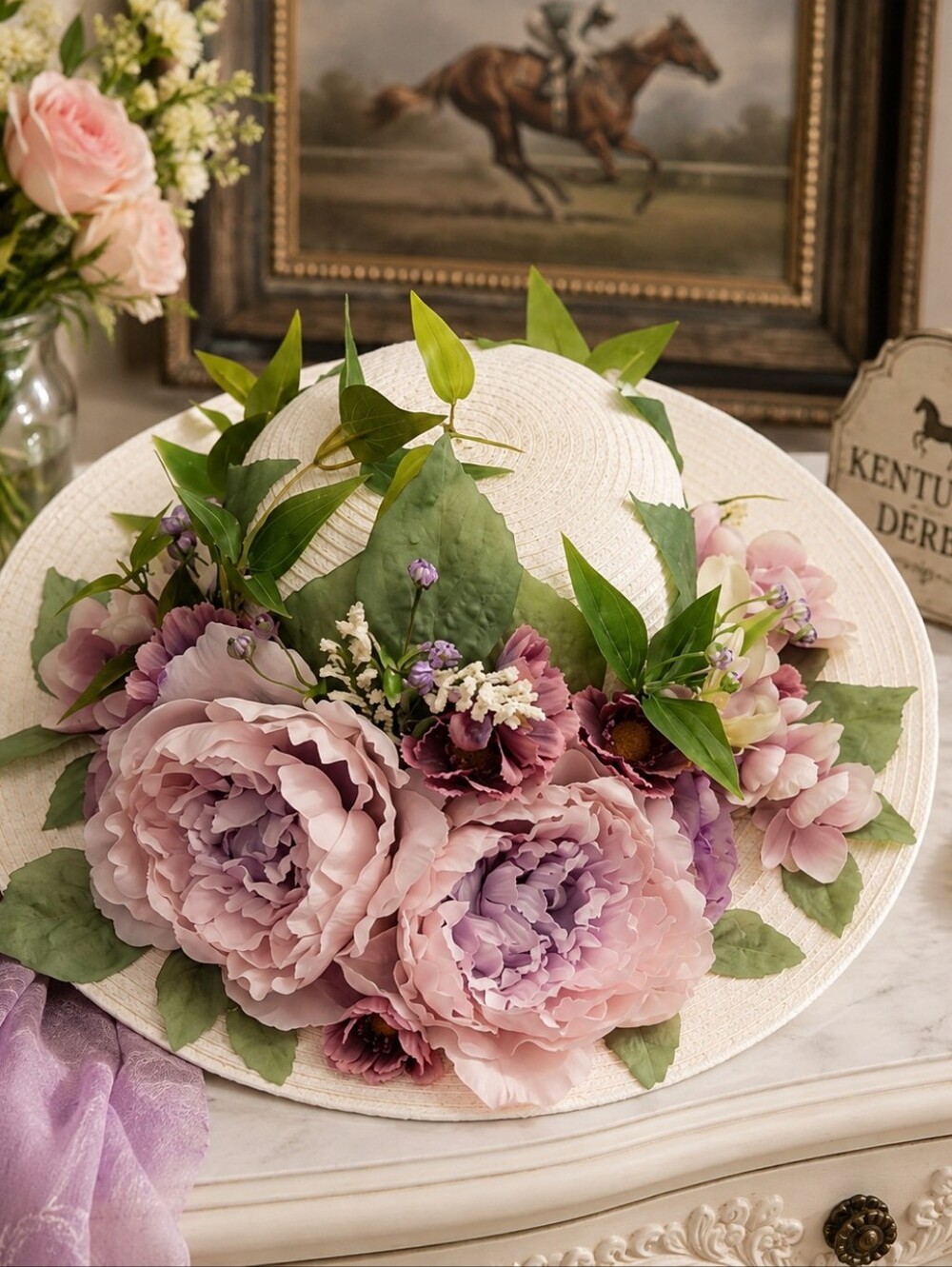 Kentucky Derby Elegant Floral Wall Accent in White and Purple
